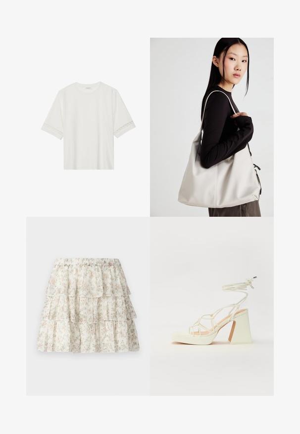 T-shirt branco de manga curta feito de algodão, com bainha de renda decorativa nas mangas e decote redondo.; Saia branca com um design em camadas e babados. Apresenta um delicado padrão floral em rosa e verde. Cintura elástica para maior conforto.; Sandálias brancas de salto alto com um salto robusto, apresentando um design com tiras e amarração no tornozelo. Textura suave com uma plataforma na frente para altura adicional.; Uma bolsa bege feita de material macio, com um design descontraído, detalhes de costura e duas alças para o ombro. Adequada para uso diário.