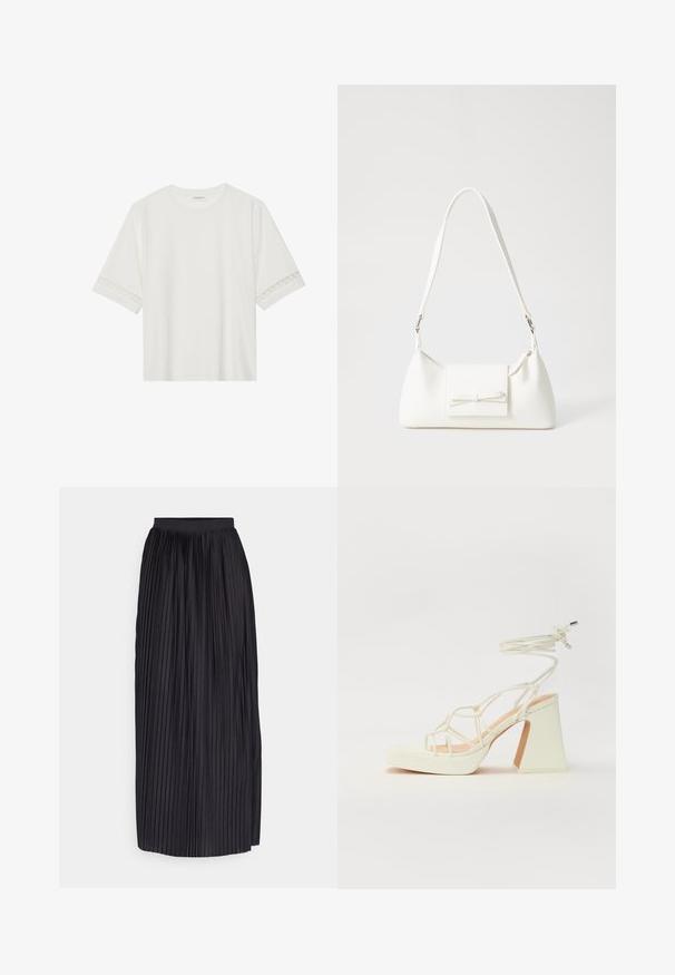 Bela kratka majica s kratkimi rokavi iz bombaža, okrašena z dekorativnim čipkastim robom ob rokavih in okroglo izrezom.; Črna maxi krila z mešičastim materialom, ki imajo širok pas in vertikalne plisirane detajle, ki segajo do roba.; Bela sandala na visokih petah s debelim petam, ki ima obliko trakcev in vezanje okoli gležnja. Gladka tekstura z platformo spredaj za dodatno višino.; Bela sintetična torbica v obliki trikotnika, z ravnim sprednjim poklopcem in detajlom mašne, nastavljivim trakom, gladko teksturo in minimalističnim dizajnom.