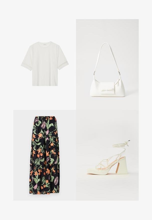 Witte korte mouwen t-shirt van katoen, met een decoratieve kantafwerking langs de mouwen en een ronde halslijn.; Zwarte maxi-jurk met bloemenpatroon in oranje en roze, groene bladeren, elastische tailleband en gelaagd ontwerp. Lichtgewicht stof met een vloeiende textuur.; Witte hoge hakken sandaal met een chunky hak, met een bandjesontwerp en enkelband. Gladde textuur met een plateau voor extra hoogte.; Witte synthetische handtas met een driehoekige vorm, platte voorklep en strikdetail, verstelbare schouderriem, gladde textuur en minimalistisch ontwerp.