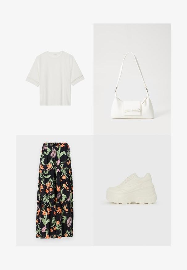 Balta trumpomis rankovėmis marškinėliai, pagaminti iš medvilnės, su dekoratyviais nėriniais aplink rankoves ir apvaliu kaklu.; Juodas gėlių maksi sijonas su oranžinėmis ir rožinėmis gėlėmis, žaliais lapais, elastinga juosmens juosta ir sluoksniuota konstrukcija. Lengvas audinys su plaukiančia tekstūra.; Baltos platformos sportbačiai su lygiu odos primenančiu paviršiumi, apvalia forma, paminkštintu apykakle ir tekstūruotu guminiu padu su ryškiais protektoriais.; Balta sintetinė rankinė trikampio formos, plokščiu priekiu su užsegimu, kaspino detale, reguliuojama dirželiu, lygia tekstūra ir minimalistišku dizainu.