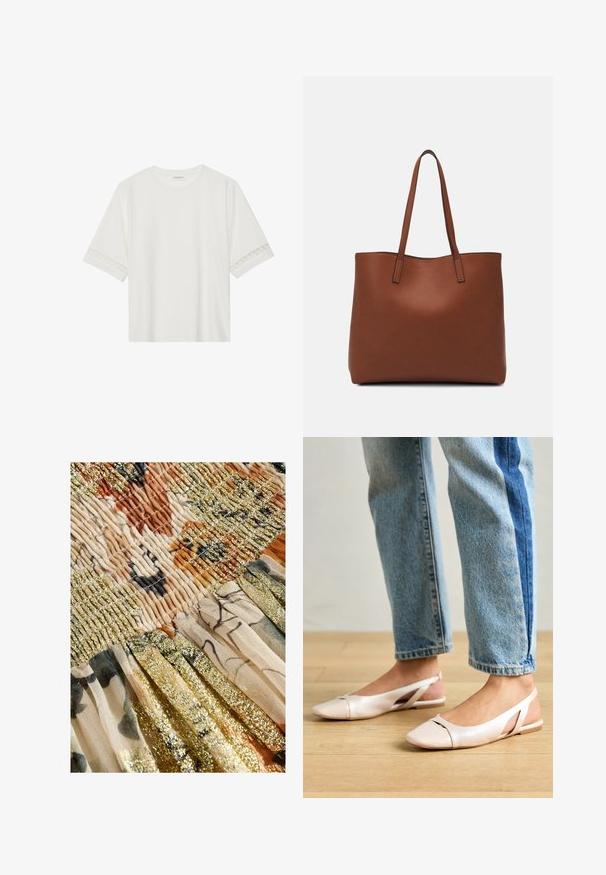 T-shirt blanc à manches courtes en coton, avec des bordures en dentelle décoratives le long des manches et un col rond.; Next REGULAR FIT - DROP WAIST - Jupe longue - cream sparkle; Ballerines slingback rose pâle avec un bout pointu, fabriquées en un matériau semblable au cuir lisse. Présentent des découpes sur les côtés et un talon plat.; Sac fourre-tout en cuir marron avec une texture lisse, design à ouverture supérieure et deux poignées pour le porter à l'épaule. Présente des coutures minimales et aucun matériel visible.