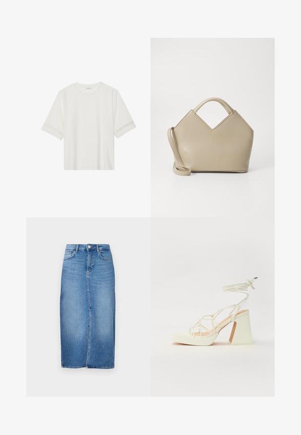 Weißes T-Shirt mit kurzen Ärmeln aus Baumwolle, mit dekorativem Spitzenbesatz entlang der Ärmel und einem runden Ausschnitt.; Denim-Midirock in Hellblau, mit geradem Schnitt, vorderer Schlitz und traditionellem Fünf-Taschen-Design mit Metallakzenten.; Weiße High-Heel-Sandale mit einem klobigen Absatz, die über ein Riemchendesign und ein Knöchelband verfügt. Glatte Textur mit einer Plattform vorne für zusätzliche Höhe.; Beige strukturierte Handtasche mit V-förmigem oberen Teil, glattem Leder, kurzen Griffen und einem langen verstellbaren Tragegurt. Minimalistisches Design.