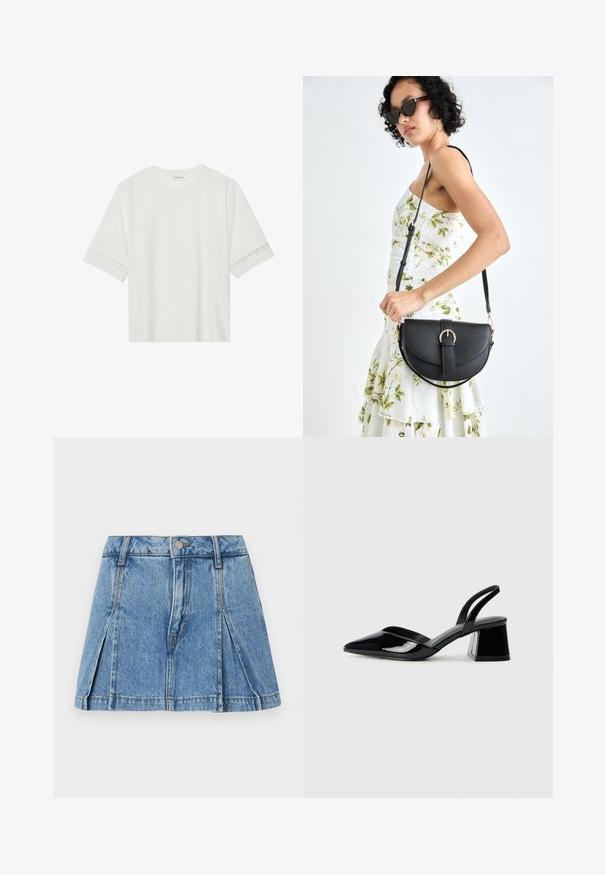 Tricou alb cu mânecă scurtă, confecționat din bumbac, cu dantelă decorativă pe marginea mânecilor și un guler rotund.; Fustă mini din denim de culoare albastră deschisă, cu un design plisat, închidere cu nasture argintiu și stil clasic cu cinci buzunare.; Pantofi cu toc slingback din piele lacuită neagră, cu vârf ascuțit și toc geometric. Prezintă un design elegant, minimalist și o textură netedă.; Geantă din piele neagră, cu o formă curbată, curea detașabilă și accesorii aurii. Geanta are un capac cu un detaliu tip cataramă.