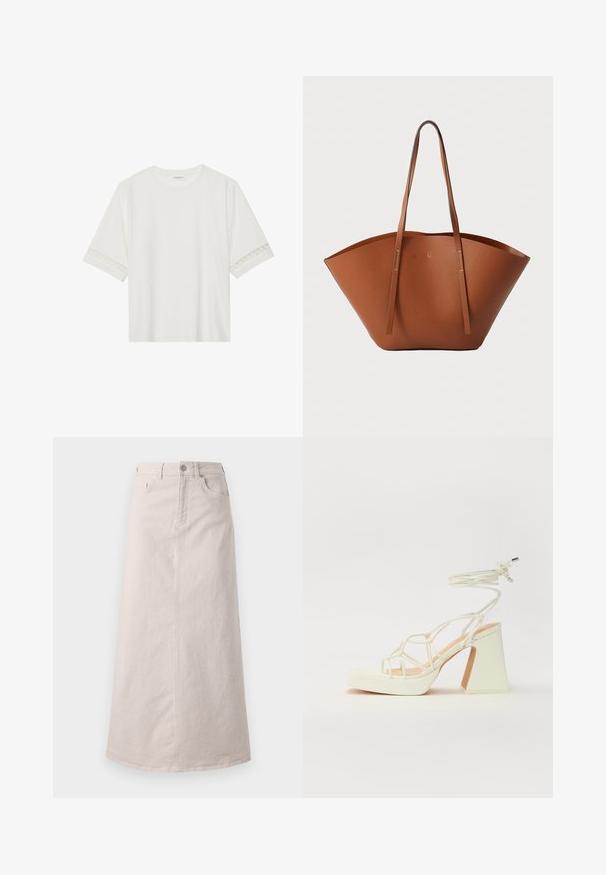 T-shirt bianco a maniche corte in cotone, con bordi in pizzo decorativi lungo le maniche e scollo rotondo.; Gonna midi in corduroy beige con righe verticali, con vita aderente, tasche anteriori e un taglio dritto fino all'orlo.; Sandalo bianco con tacco alto, caratterizzato da un design a cinturini e un legaccio alla caviglia. Texture liscia con una piattaforma frontale per un'altezza aggiuntiva.; Borsa tote in pelle marrone con una forma ampia e strutturata, manici sottili e una finitura testurizzata. Presenta un design minimalista senza hardware visibile.