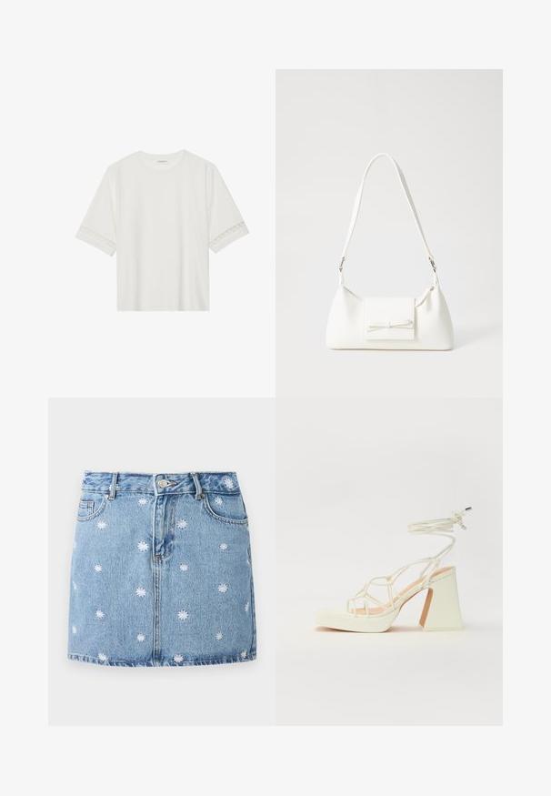 Balta trumpomis rankovėmis marškinėliai, pagaminti iš medvilnės, su dekoratyviais nėriniais aplink rankoves ir apvaliu kaklu.; Šviesiai mėlynas džinsinis sijonas su baltomis siuvinėtų gėlių detalėmis, penkiomis kišenėmis ir sagčių užsegimu, tiesios mini ilgio kirpimo.; Balti aukštakulniai sandalai su masyviu kulnu, su dirželių dizainu ir kulkšnies raiščiu. Lygi tekstūra su platforma priekyje, suteikianti papildomą aukštį.; Balta sintetinė rankinė trikampio formos, plokščiu priekiu su užsegimu, kaspino detale, reguliuojama dirželiu, lygia tekstūra ir minimalistišku dizainu.