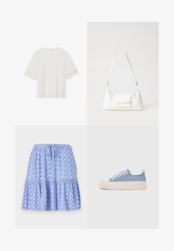 T-shirt branco de manga curta feito de algodão, com bainha de renda decorativa nas mangas e decote redondo.; Saia azul com padrão, com cintura elástica, design em camadas e motivos florais brancos. Fabricada em tecido leve com uma textura suave.; Ténis de lona azul claro com uma biqueira e sola de borracha creme, apresentando atacadores brancos e uma alça na parte de trás.; Mala sintética branca com formato triangular, aba frontal plana e detalhe de laço, alça ajustável, textura suave e design minimalista.