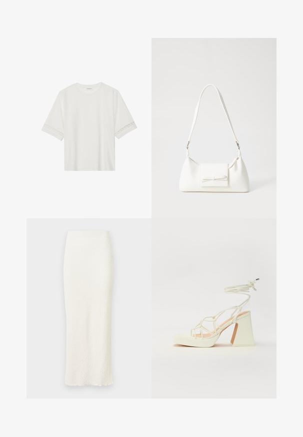 T-shirt blanc à manches courtes en coton, avec des bordures en dentelle décoratives le long des manches et un col rond.; Jupe midi blanche élégante en tissu texturé, présentant une coupe ajustée et un ourlet subtilement festonné pour une touche de détail.; Sandale blanche à talons hauts avec un talon épais, présentant un design à lanières et un lien autour de la cheville. Texture lisse avec une plateforme à l'avant pour une hauteur supplémentaire.; Sac à main synthétique blanc en forme triangulaire, avec un rabat avant plat et un détail en nœud, une bandoulière ajustable, une texture lisse et un design minimaliste.