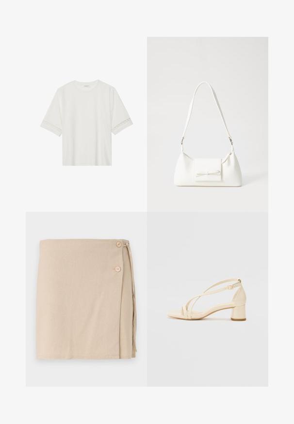 Camiseta blanca de manga corta hecha de algodón, con un ribete decorativo de encaje en las mangas y un escote redondo.; Falda envolvente beige de tela suave, con dos botones de madera y un detalle atado en el lateral. Textura lisa, diseño de longitud media.; Sandalias de tacón beige con tacón bloque, diseño de tiras y correa ajustable en el tobillo, hechas de material sintético suave con un acabado mate.; Bolso sintético blanco con forma triangular, tapa frontal plana y detalle de lazo, correa ajustable, textura suave y diseño minimalista.