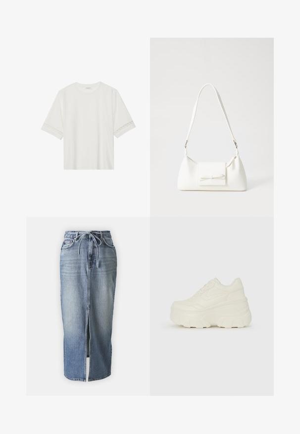 Bela kratka majica s kratkimi rokavi iz bombaža, okrašena z dekorativnim čipkastim robom ob rokavih in okroglo izrezom.; Denim krilo srednje dolžine v svetlo modri barvi, s sprednjim razporkom, pasom na vrvico in klasičnim petooddelčnim dizajnom. Gladka tekstura, sproščen stil.; Bele platformske tene z belim zgornjim delom, ki spominja na usnje, okroglo obliko, oblazinjen ovratnik ter gumo z teksturo na podplatu z izrazitimi profili.; Bela sintetična torbica v obliki trikotnika, z ravnim sprednjim poklopcem in detajlom mašne, nastavljivim trakom, gladko teksturo in minimalističnim dizajnom.