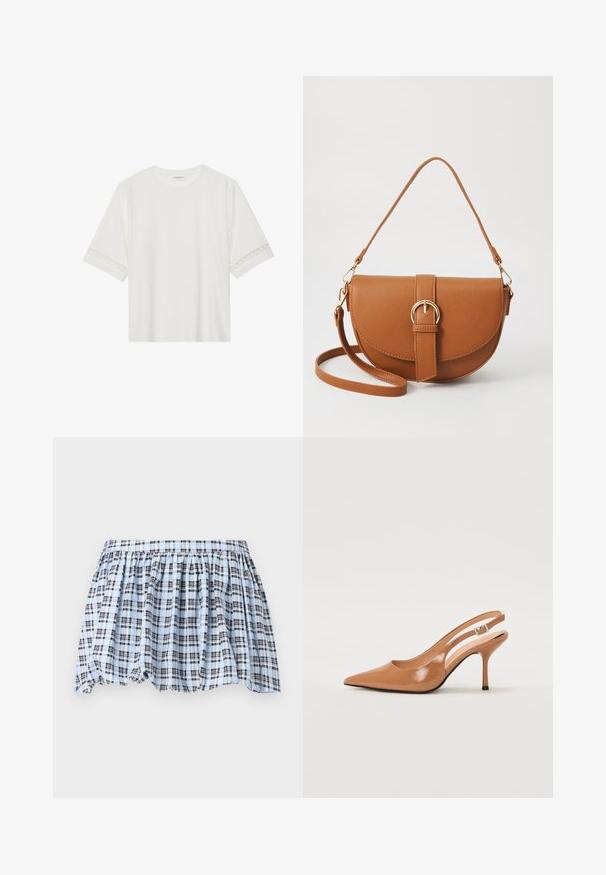 Balta īsām piedurknēm T-kreklu, izgatavotu no kokvilnas, ar dekoratīvu mežģīņu apdari ap piedurknēm un apaļu kakla izgriezumu.; Zila un balta ražota svārki ar elastīgu jostasvietu un savērptu dizainu, ar tumši ziliem līnijām, kas veido teksturētu rakstu.; Izteikts pirksta siksnas zābaks, izgatavots no gludas, spīdīgas brūnas materiāla. Piedāvā izliekta izgriezuma dizainu un smalku stiletto papēdi. Sudraba sprādze.; Brūns ādas plecu soma ar izliekta formu, zelta piederumiem un sprādzes akcentu. Iesaiņota ar noņemamu plecu siksnu.