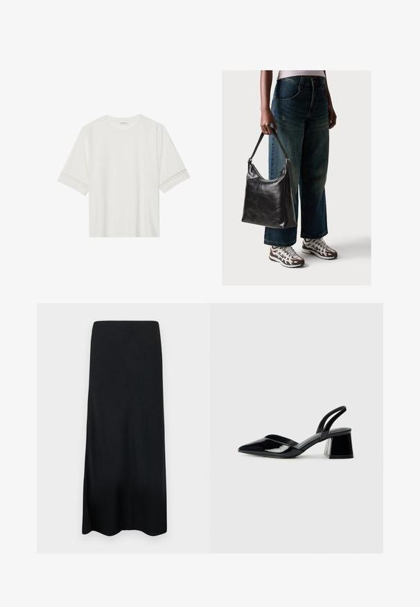 Tricou alb cu mânecă scurtă, confecționat din bumbac, cu dantelă decorativă pe marginea mânecilor și un guler rotund.; Fustă maxi neagră confecționată dintr-un material neted, cu o siluetă dreaptă și o fante laterală. Fără modele sau detalii suplimentare.; Pantofi cu toc slingback din piele lacuită neagră, cu vârf ascuțit și toc geometric. Prezintă un design elegant, minimalist și o textură netedă.; Geantă de umăr din piele neagră, cu o textură netedă și curea ajustabilă, asortată cu blugi evazați și adidași.