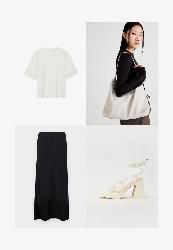White short-sleeve t-shirt made from cotton, featuring decorative lace trim along the sleeves and a round neckline.; Black maxi skirt made of smooth fabric, featuring a straight silhouette and a side split. No patterns or additional details.; White high-heeled sandal with a chunky heel, featuring a strappy design and ankle tie. Smooth texture with a platform front for added height.; Beige handbag made of soft material, featuring a slouchy design, stitched detailing, and two shoulder straps. Suitable for everyday use.
