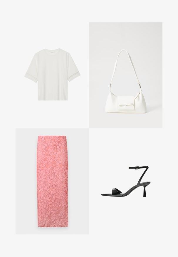 Tricou alb cu mânecă scurtă, confecționat din bumbac, cu dantelă decorativă pe marginea mânecilor și un guler rotund.; Fustă creion din dantelă de culoare roz deschis, cu model floral și finisaj texturat; design până la genunchi și siluetă ajustată.; Bershka Sandale cu toc - black; Geantă sintetică albă, cu formă triangulară, capac frontal plat și detaliu cu fundă, curea ajustabilă, textură netedă și design minimalist.