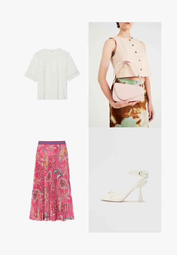 Balta trumpomis rankovėmis marškinėliai, pagaminti iš medvilnės, su dekoratyviais nėriniais aplink rankoves ir apvaliu kaklu.; Rožinė klostuota sijonas su gėlėmis ir paisley raštais, su kontrastiniu turkio spalvos dryžuotu juosmeniu. Pagaminta iš lengvos medžiagos.; Baltos odinės aukštakulnės sandalai su dirželiais, elegantiško dizaino, skaidriu blokiniu kulnu ir dekoratyviu elementu ant piršto.; Rožinė odinė rankinė su lenktu užklotu, vienu peties diržu ir švariomis linijomis. Rankinė turi lygų paviršių ir minimalizmo dizainą.