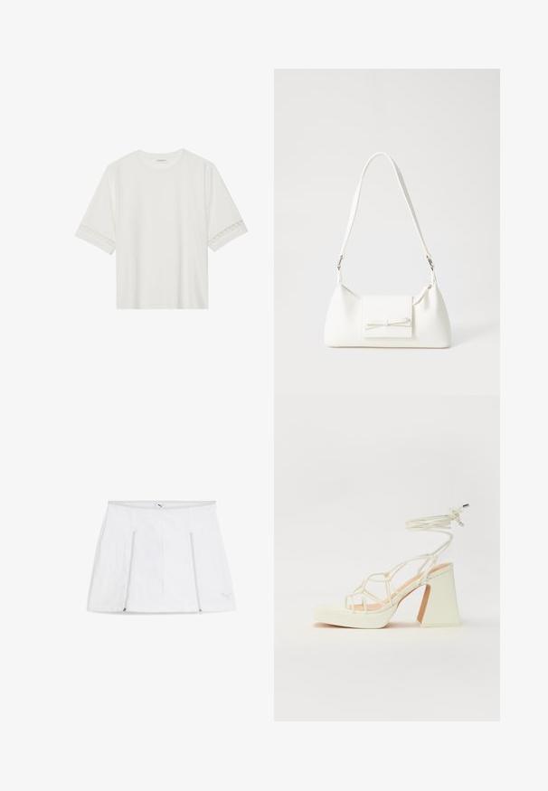 Hvid kortærmet t-shirt lavet af bomuld, med dekorativ blondekant langs ærmerne og en rund halsudskæring.; Hvid sports nederdel med en flad taljebånd, lynlåslommer på begge sider og et logo detaljeret i nederste højre hjørne. Glat, letvægts stof.; Hvide højhælede sandaler med en kraftig hæl, der har et stropdesign og ankelbinding. Glat tekstur med en platform foran for ekstra højde.; Hvid syntetisk håndtaske med en trekantet form, flad forsideklap og sløjfedetalje, justerbar strop, glat tekstur og minimalistisk design.
