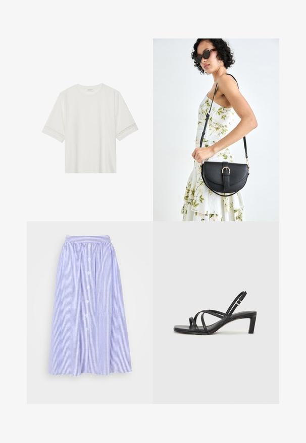 Witte korte mouwen t-shirt van katoen, met een decoratieve kantafwerking langs de mouwen en een ronde halslijn.; Lichtblauw en wit gestreepte rok, middellang, met een geraffineerde taille, knopen aan de voorkant en een subtiele textuur.; Zwarte sandaal met bandjes, vierkante teen en een lage blokhak. Voorzien van meerdere dunne bandjes en een verstelbare enkelband. Gemaakt van zacht leer.; Zwarte leren handtas met een gebogen vorm, afneembare schouderband en gouden hardware. De tas heeft een klep met een gespsluiting.