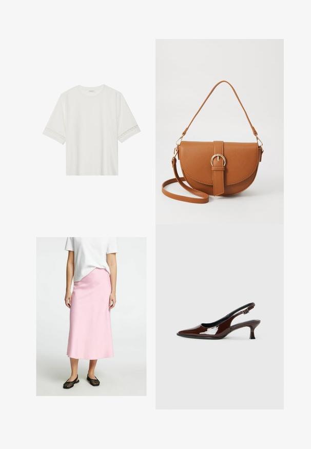 Hvid kortærmet t-shirt lavet af bomuld, med dekorativ blondekant langs ærmerne og en rund halsudskæring.; Lys pink midi nederdel lavet af glat stof, med en lige pasform. Kombination med sorte vævede slip-on sko. Hvid T-shirt delvist synlig.; Brun patenteret læder slingback sko med spids tå og en moderat hæl. Har en spænde rem for en sikker pasform. Glat tekstur.; Brun læder crossbody taske med en buet form, guldfarvet hardware og en spændeaccent. Har en aftagelig skulderrem.