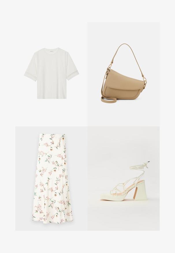 T-shirt branco de manga curta feito de algodão, com bainha de renda decorativa nas mangas e decote redondo.; Saia fluida de cor creme com um padrão floral apresentando flores cor-de-rosa e folhas verdes. Tecido macio com um acabamento ligeiramente texturizado.; Sandálias brancas de salto alto com um salto robusto, apresentando um design com tiras e amarração no tornozelo. Textura suave com uma plataforma na frente para altura adicional.; Even&Odd Mala de mão - beige
