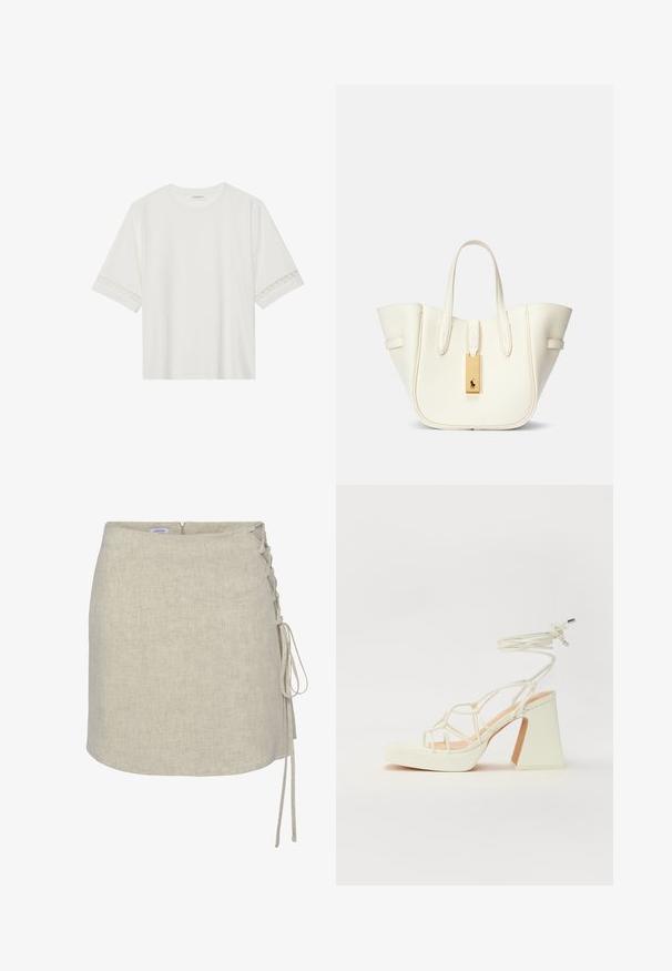 T-shirt branco de manga curta feito de algodão, com bainha de renda decorativa nas mangas e decote redondo.; Saia envolvente em linho bege com detalhe em renda do lado esquerdo, corte reto e fecho com zipper nas costas. Tecido suave e texturizado.; Sandálias brancas de salto alto com um salto robusto, apresentando um design com tiras e amarração no tornozelo. Textura suave com uma plataforma na frente para altura adicional.; Mala tote de couro branco com uma forma estruturada, costura proeminente, etiqueta de metal dourado e alças duplas. Superfície texturizada com bolsos laterais.