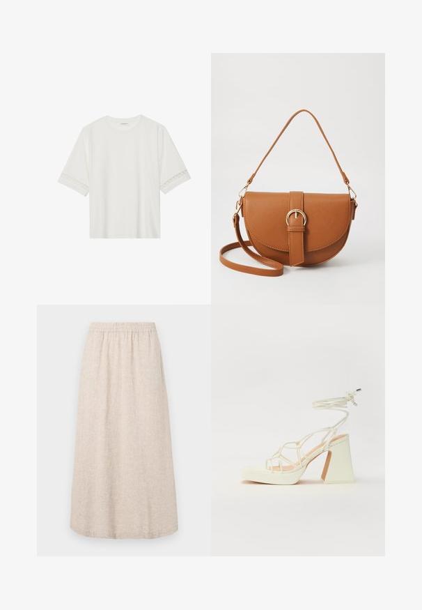 White short-sleeve t-shirt made from cotton, featuring decorative lace trim along the sleeves and a round neckline.; Beige linen skirt with an elastic waistband, midi length, and subtle texture pattern. No pockets or additional accents visible.; White high-heeled sandal with a chunky heel, featuring a strappy design and ankle tie. Smooth texture with a platform front for added height.; Brown leather crossbody bag with a curved shape, gold hardware, and a buckle accent. Features a detachable shoulder strap.