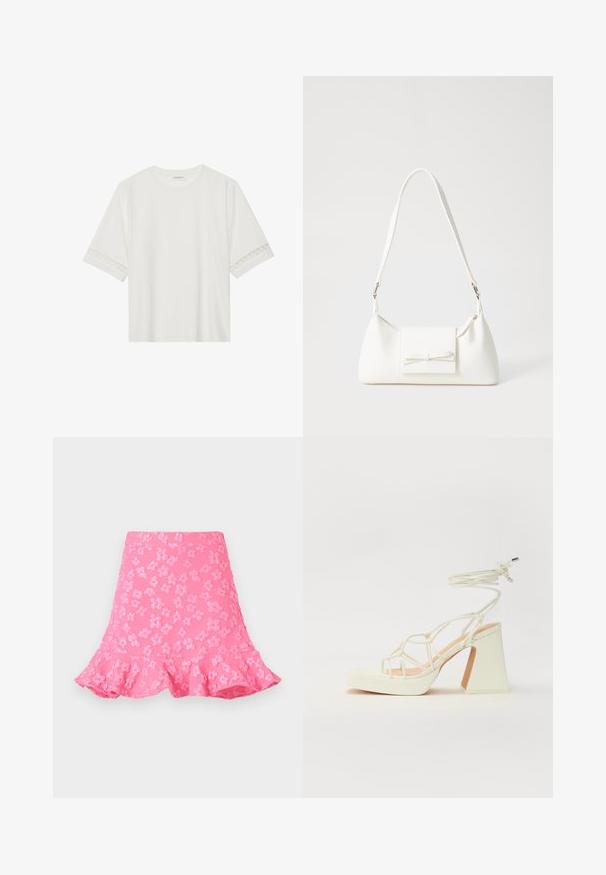 Balta īsām piedurknēm T-kreklu, izgatavotu no kokvilnas, ar dekoratīvu mežģīņu apdari ap piedurknēm un apaļu kakla izgriezumu.; Rozā izsistā svārku, kuram ir reljefs ziedu raksts, viļņota apakšmala un gluda tekstūra. Garums līdz augšai ceļgaliem ar pieguļošu vidukļa daļu.; Baltas augstpapēžu sandales ar masīvu papēdi, ar siksnu dizainu un potītes saistītiem elementiem. Gluda tekstūra ar platformu priekšpusē, lai nodrošinātu papildu augstumu.; Balta sintētiska soma ar trīsstūrveida formu, plakanu priekšējo vāciņu un loku detaļu, regulējamu siksnu, gludu tekstūru un minimālistisku dizainu.