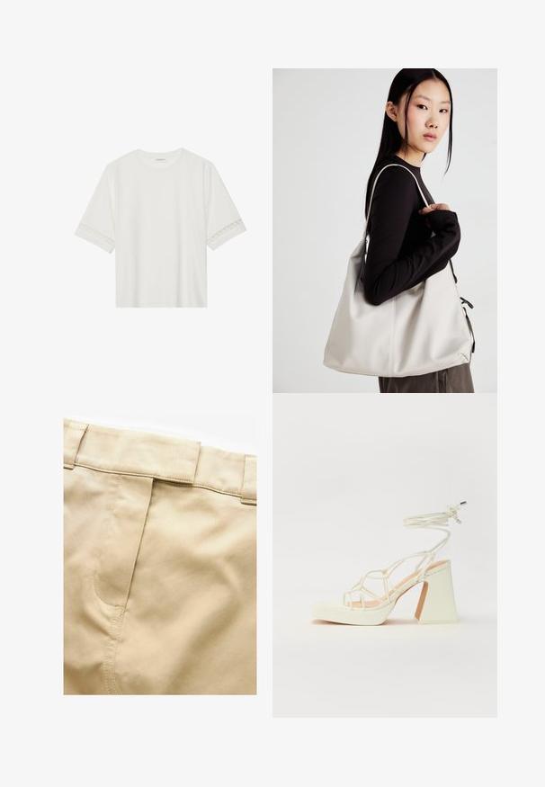 Biele tričko s krátkym rukávom vyrobené z bavlny, s dekoratívnym čipkovým lemovaním pozdĺž rukávov a okrúhlym výstrihom.; Next UTILITY REGULAR FIT - Maxisukňa - stone; Biele sandále na vysokom opätku s hrubým podpätkom, s pruhovaným dizajnom a viazaním na členku. Hladký povrch s platformou vpredu pre zvýšenú výšku.; Béžová kabelka vyrobená z mäkkého materiálu, s uvoľneným dizajnom, prišitými detailmi a dvoma popruhmi na nosenie na pleciach. Vhodná na každodenné nosenie.