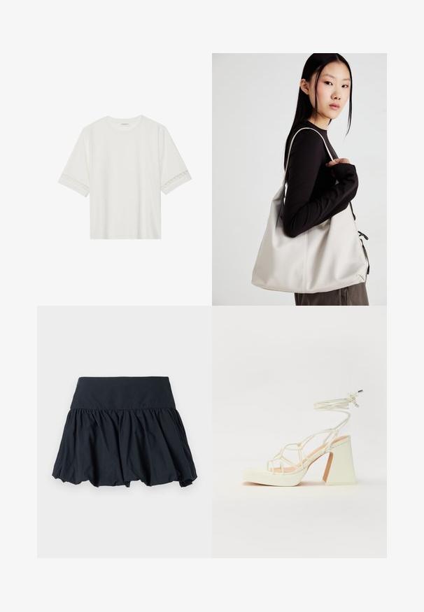 T-shirt branco de manga curta feito de algodão, com bainha de renda decorativa nas mangas e decote redondo.; Saia preta evasê feita de tecido leve, com um cós largo e pregas franzidas para um efeito em camadas.; Sandálias brancas de salto alto com um salto robusto, apresentando um design com tiras e amarração no tornozelo. Textura suave com uma plataforma na frente para altura adicional.; Uma bolsa bege feita de material macio, com um design descontraído, detalhes de costura e duas alças para o ombro. Adequada para uso diário.