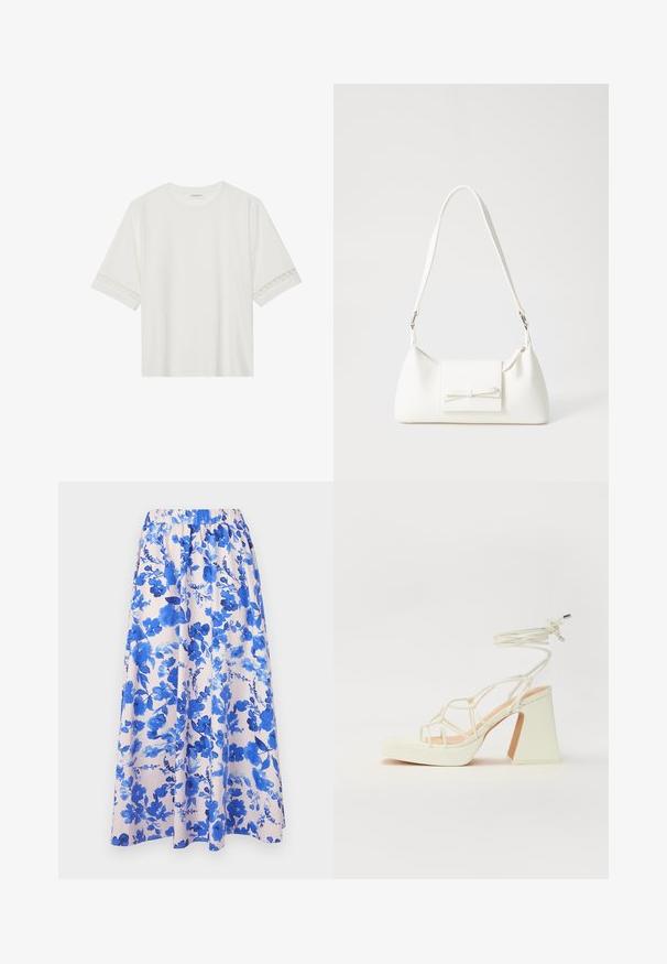 T-shirt branco de manga curta feito de algodão, com bainha de renda decorativa nas mangas e decote redondo.; Saia maxi floral com fundo rosa, adornada com padrões de flores em azul, ao estilo aquarela; cintura elástica; tecido fluido.; Sandálias brancas de salto alto com um salto robusto, apresentando um design com tiras e amarração no tornozelo. Textura suave com uma plataforma na frente para altura adicional.; Mala sintética branca com formato triangular, aba frontal plana e detalhe de laço, alça ajustável, textura suave e design minimalista.