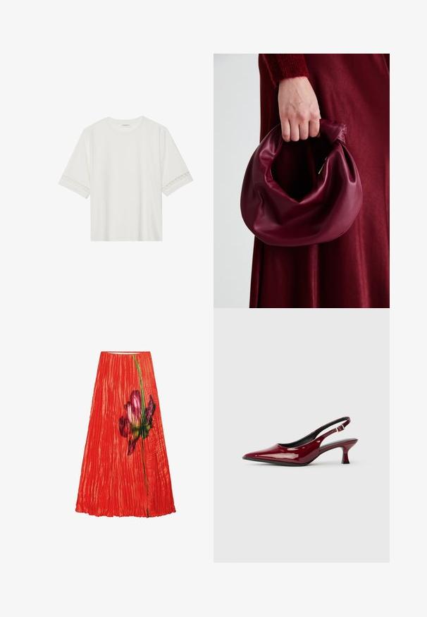 T-shirt bianco a maniche corte in cotone, con bordi in pizzo decorativi lungo le maniche e scollo rotondo.; Gonna plissettata rossa con una grande stampa floreale in tonalità di rosa e verde. Tessuto morbido con vita elasticizzata.; Décolleté in pelle verniciata bordeaux con punta affusolata e tacco a spillo elegante. Design aperto sul retro con dettaglio della fascia alla caviglia regolabile.; Borsa in pelle bordeaux con un design morbido e arricciato e una forma arrotondata. Il manico è fissato, mostrando una texture liscia.