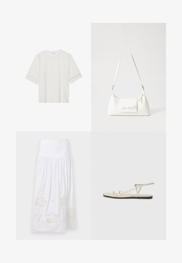 Biała, krótka koszulka z bawełny z dekoracyjnym koronkowym wykończeniem przy rękawach i okrągłym dekoltem.; sandro - Długa spódnica; Beżowe płaskie sandały z wieloma cienkimi paskami i regulowanym zapięciem. Podeszwa jest płaska z delikatnym ciemnym kontrastem na krawędzi.; Biała syntetyczna torba o trójkątnym kształcie, płaskim przednim klapce i detalach w postaci kokardy, regulowanym pasku, gładkiej fakturze oraz minimalistycznym designie.