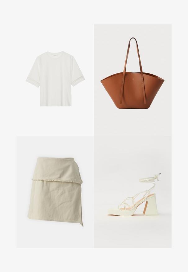 Camiseta blanca de manga corta hecha de algodón, con un ribete decorativo de encaje en las mangas y un escote redondo.; Falda envolvente beige hecha de algodón, con un diseño en capas, dobladillo deshilachado y lazos laterales para un ajuste ajustable. Textura suave en toda la prenda.; Sandalia de tacón alto blanca con un tacón grueso, que presenta un diseño de tiras y un lazo en el tobillo. Textura suave con una plataforma en la parte delantera para mayor altura.; Bolso tote de cuero marrón con una forma ancha y estructurada, asas delgadas y un acabado texturizado. Presenta un diseño minimalista sin herrajes visibles.
