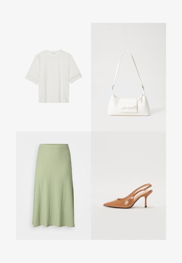 Balta īsām piedurknēm T-kreklu, izgatavotu no kokvilnas, ar dekoratīvu mežģīņu apdari ap piedurknēm un apaļu kakla izgriezumu.; Gaiši zaļa, līdz ceļiem garā svārku, kas izgatavota no teksturētas auduma, ar gludu jostu un nedaudz izplestu siluetu. Nav rakstu vai akcentu.; Izteikts pirksta siksnas zābaks, izgatavots no gludas, spīdīgas brūnas materiāla. Piedāvā izliekta izgriezuma dizainu un smalku stiletto papēdi. Sudraba sprādze.; Balta sintētiska soma ar trīsstūrveida formu, plakanu priekšējo vāciņu un loku detaļu, regulējamu siksnu, gludu tekstūru un minimālistisku dizainu.