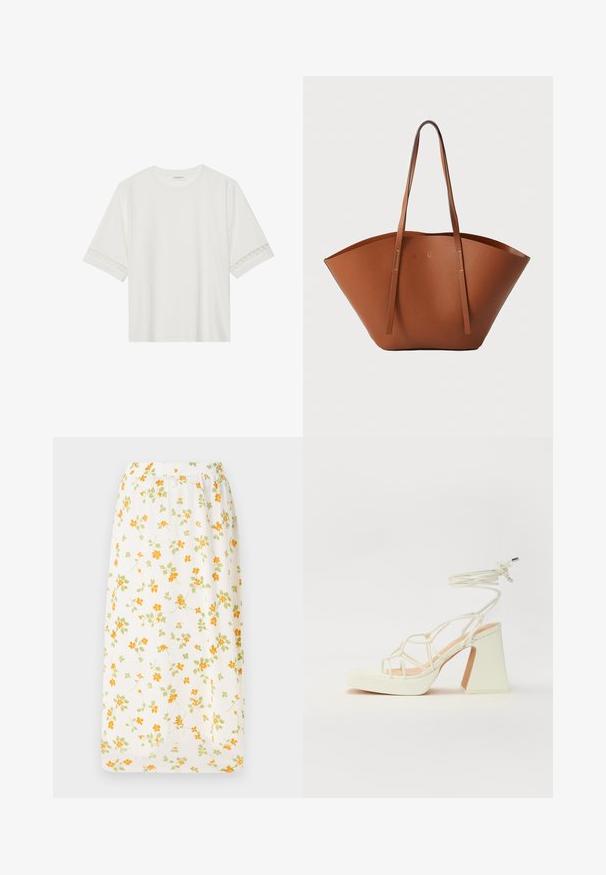 Weißes T-Shirt mit kurzen Ärmeln aus Baumwolle, mit dekorativem Spitzenbesatz entlang der Ärmel und einem runden Ausschnitt.; Lange Blümchenrock aus leichtem Stoff, weißer Grundton mit verstreuten orangefarbenen und grünen Blumen, elastischer Bund, fließendes Design.; Weiße High-Heel-Sandale mit einem klobigen Absatz, die über ein Riemchendesign und ein Knöchelband verfügt. Glatte Textur mit einer Plattform vorne für zusätzliche Höhe.; Braune Leder-Tote mit einer breiten, strukturierten Form, dünnen Griffen und einer strukturierten Oberfläche. Bietet ein minimalistisches Design ohne sichtbare Beschläge.