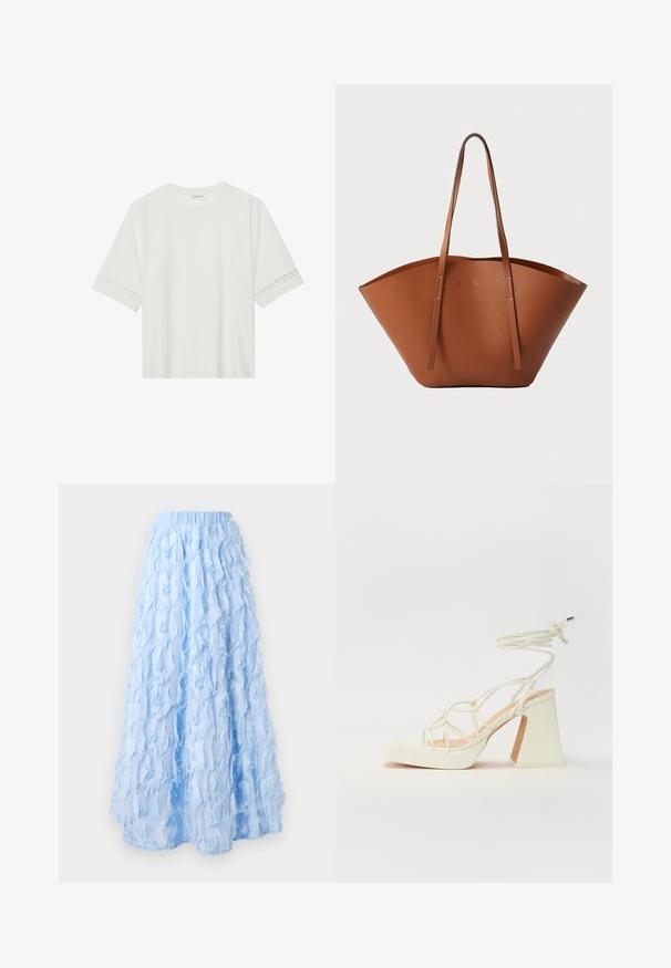 Tricou alb cu mânecă scurtă, confecționat din bumbac, cu dantelă decorativă pe marginea mânecilor și un guler rotund.; Fustă midi de culoare bleu deschis, realizată dintr-un material stratificat, texturat, cu detalii franjurate, având un brâu elastic și o siluetă fluidă.; Sandale albe cu toc înalt și gros, cu un design cu curele și legătură la gleznă. Textură netedă, cu o platformă frontală pentru înălțime suplimentară.; Geantă tote din piele maro, cu o formă largă și bine structurată, mânere subțiri și un finisaj texturat. Prezintă un design minimalist, fără hardware vizibil.