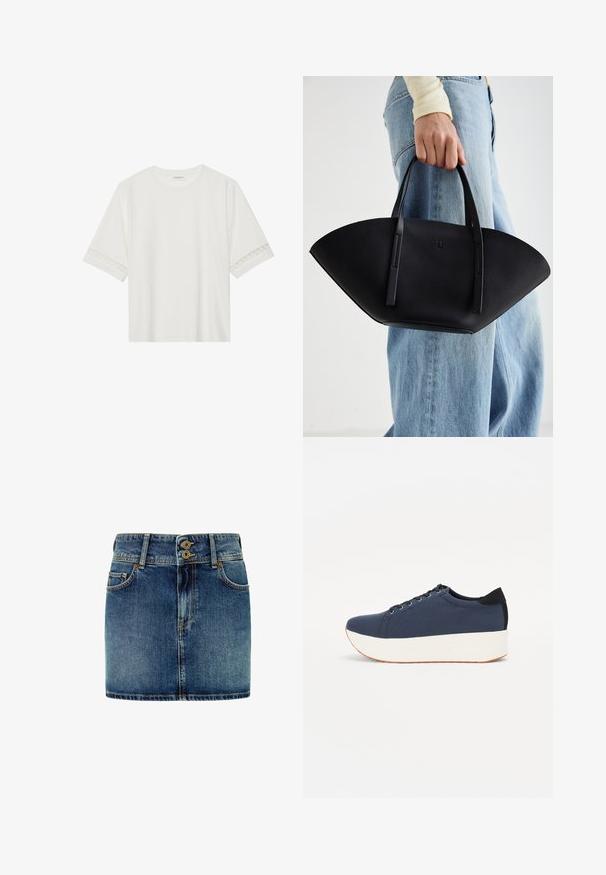 Balta īsām piedurknēm T-kreklu, izgatavotu no kokvilnas, ar dekoratīvu mežģīņu apdari ap piedurknēm un apaļu kakla izgriezumu.; Pepe Jeans Džinsa auduma svārki - denim; Navy zilo apavi ar strukturētu auduma augšdaļu, baltu platformas zoli, noapaļotu pirkstu daļu un melnu papēža akcentu. Iekļautas sešas acs caurumi šnuķēšanai.; Melnas ādas rokassoma ar unikālu ventilatora formu, aprīkota ar plakaniem rokturiem. Virsma ir ar graudainu faktūru un minimālistisku dizainu.