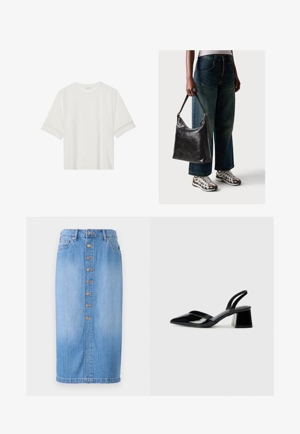 Witte korte mouwen t-shirt van katoen, met een decoratieve kantafwerking langs de mouwen en een ronde halslijn.; Blauwe denim midi-rok met een rechte snit, voorzien van een sluiting met knopen aan de voorkant, vijf zakken en een vervaagde wassing voor textuur.; Zwarte gepatineerde leren slingback hakken met een spitse neus en een geometrische blokhak. Kenmerkt zich door een slank, minimalistisch ontwerp en een gladde textuur.; Zwarte leren schoudertas met een gladde textuur en een verstelbare strap, gecombineerd met vervaagde wijde jeans en sportieve sneakers.