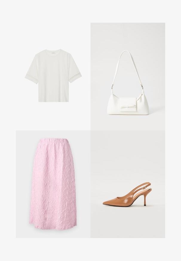Hvit t-skjorte med kort erme laget av bomull, med dekorativ blondekant langs ermene og en rund halslinning.; Lys rosa knelengde skjørt med en teksturert, krøllet design. Elastisk midjebånd for komfort og enkel bruk. Ingen synlige lukkinger.; Spiss tå slingback hæl i et glat, glinsende brunt materiale. Har et buet utskårent design og en slank stilett hæl. Sølvspenne detalj.; Hvit syntetisk håndveske med trekantet form, flat klaff foran og sløyfe detaljer, justerbar stropp, glatt tekstur og minimalistisk design.