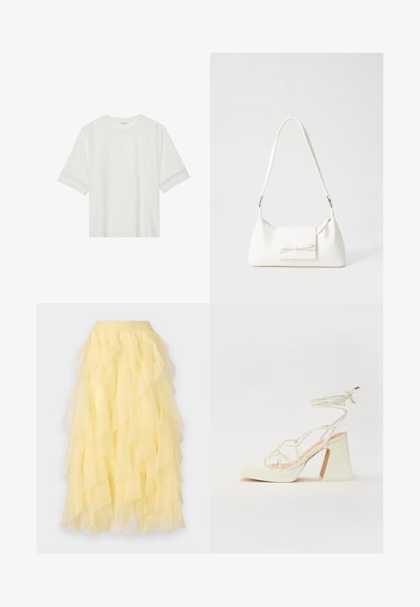 T-shirt branco de manga curta feito de algodão, com bainha de renda decorativa nas mangas e decote redondo.; Saia amarela em camadas, feita de tecido de tule transparente, com uma silhueta evasé e babados sobrepostos, além de uma cintura elástica.; Sandálias brancas de salto alto com um salto robusto, apresentando um design com tiras e amarração no tornozelo. Textura suave com uma plataforma na frente para altura adicional.; Mala sintética branca com formato triangular, aba frontal plana e detalhe de laço, alça ajustável, textura suave e design minimalista.
