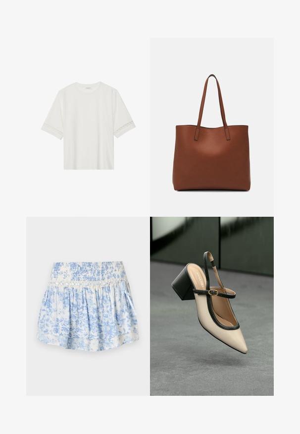 T-shirt branco de manga curta feito de algodão, com bainha de renda decorativa nas mangas e decote redondo.; Saia de padrões florais azuis feita de tecido leve. Apresenta uma cintura franzida, design em camadas e uma fita decorativa.; Sandal de biqueira pontuda em bege com acabamento preto, fivela dourada e um salto bloco sólido, em um chão cinza com fundo verde escuro.; Bolsa tote de couro castanho com uma textura suave, design de abertura superior e duas alças para o ombro. Apresenta costura mínima e sem hardware visível.