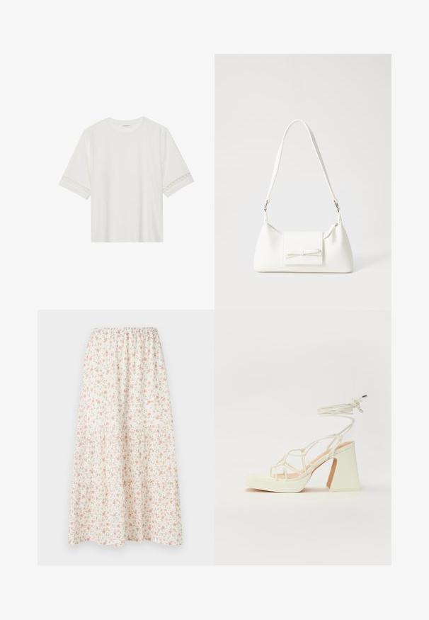 T-shirt bianco a maniche corte in cotone, con bordi in pizzo decorativi lungo le maniche e scollo rotondo.; Gonna midi floreale con sfondo bianco e fiori rosa e verdi, vita elastica e design a strati per un volume aggiunto.; Sandalo bianco con tacco alto, caratterizzato da un design a cinturini e un legaccio alla caviglia. Texture liscia con una piattaforma frontale per un'altezza aggiuntiva.; Borsa sintetica bianca a forma triangolare, con patta anteriore piatta e dettaglio a fiocco, tracolla regolabile, texture liscia e design minimalista.