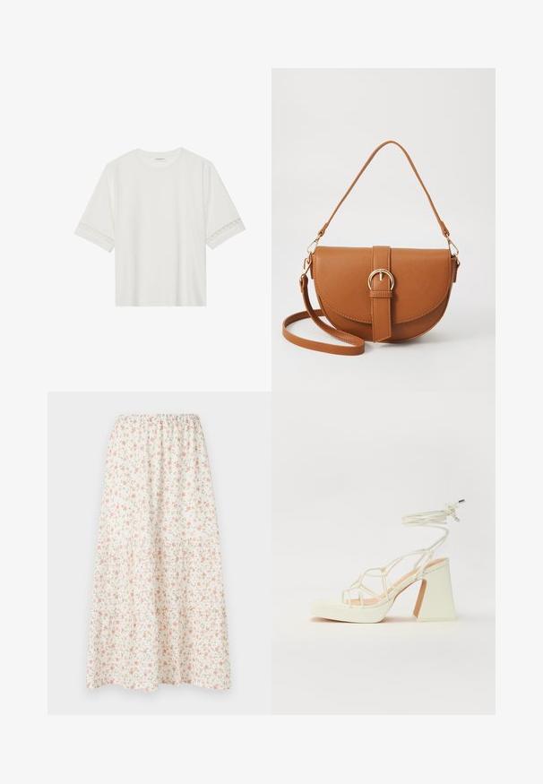 T-shirt blanc à manches courtes en coton, avec des bordures en dentelle décoratives le long des manches et un col rond.; Jupe midi florale avec un fond blanc et des fleurs roses et vertes, taille élastique et design en niveaux pour plus de volume.; Sandale blanche à talons hauts avec un talon épais, présentant un design à lanières et un lien autour de la cheville. Texture lisse avec une plateforme à l'avant pour une hauteur supplémentaire.; Sac bandoulière en cuir marron avec une forme incurvée, quincaillerie dorée et un accent en boucle. Comprend une bandoulière détachable.