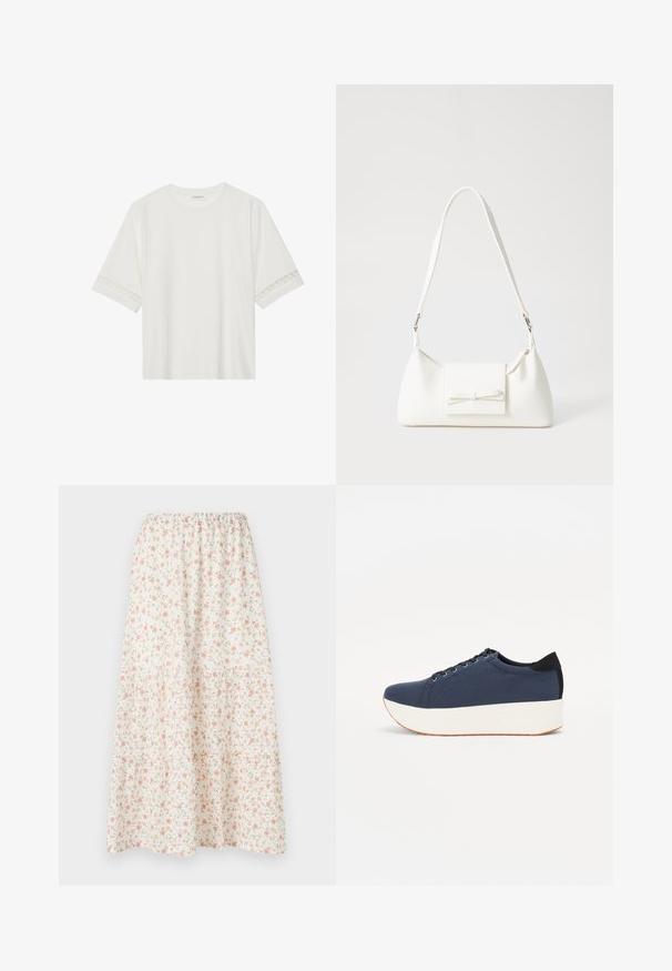 Witte korte mouwen t-shirt van katoen, met een decoratieve kantafwerking langs de mouwen en een ronde halslijn.; bloemen midi rok met een witte achtergrond en roze en groene bloemen, elastische tailleband en gelaagd ontwerp voor extra volume.; Marineblauwe sneaker met een textuurstof bovenwerk, witte platformzool, ronde neus en zwart hakaccent. Voorzien van zes gaatjes voor veters.; Witte synthetische handtas met een driehoekige vorm, platte voorklep en strikdetail, verstelbare schouderriem, gladde textuur en minimalistisch ontwerp.