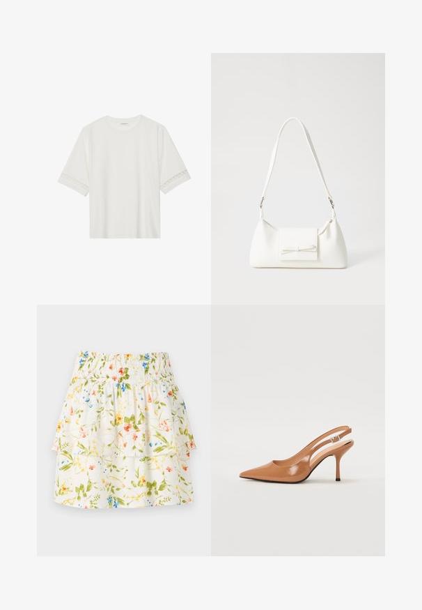 Balta trumpomis rankovėmis marškinėliai, pagaminti iš medvilnės, su dekoratyviais nėriniais aplink rankoves ir apvaliu kaklu.; Gėlėmis marginta sijonas su rauktais juosmens, volanginiais sluoksniais ir baltu fonu, kuriame yra žalios, raudonos ir mėlynos gėlės.; Pailgų smailiu pirštu slingback kulnas, pagamintas iš lygaus, blizgaus rudos spalvos medžiagos. Yra kreivų išpjovimų dizainas ir lieknas stiletto kulnas. Sidabrinė sagtis.; Balta sintetinė rankinė trikampio formos, plokščiu priekiu su užsegimu, kaspino detale, reguliuojama dirželiu, lygia tekstūra ir minimalistišku dizainu.