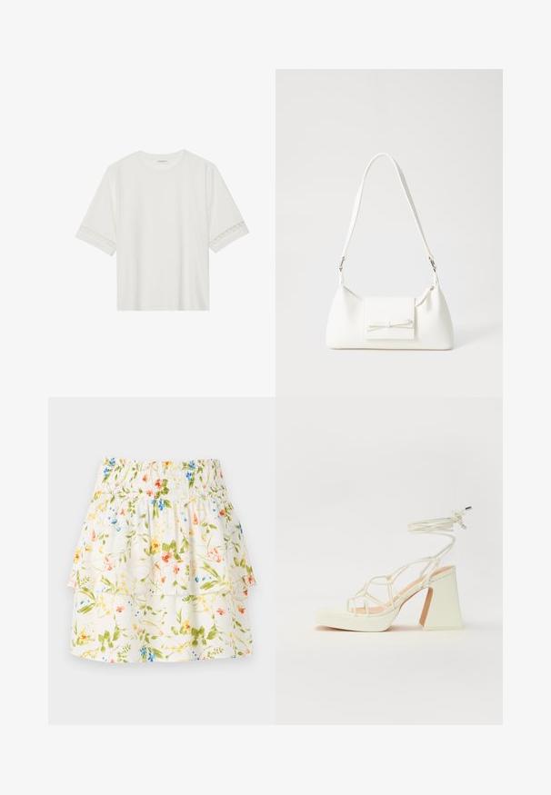 Witte korte mouwen t-shirt van katoen, met een decoratieve kantafwerking langs de mouwen en een ronde halslijn.; Rok met bloemenpatroon, voorzien van een smockband, gerimpelde lagen en een witte achtergrond met groene, rode en blauwe bloemen.; Witte hoge hakken sandaal met een chunky hak, met een bandjesontwerp en enkelband. Gladde textuur met een plateau voor extra hoogte.; Witte synthetische handtas met een driehoekige vorm, platte voorklep en strikdetail, verstelbare schouderriem, gladde textuur en minimalistisch ontwerp.