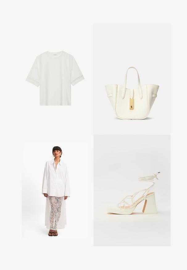 Camiseta blanca de manga corta hecha de algodón, con un ribete decorativo de encaje en las mangas y un escote redondo.; Camisa blanca de botones con mangas largas, combinada con pantalones de encaje blanco transparente que presentan un patrón floral y una caída larga en la parte posterior. Sandalias negras.; Sandalia de tacón alto blanca con un tacón grueso, que presenta un diseño de tiras y un lazo en el tobillo. Textura suave con una plataforma en la parte delantera para mayor altura.; Bolso de tote de cuero blanco con forma estructurada, costuras prominentes, etiqueta de hardware dorado y asas dobles. Superficie texturizada con bolsillos laterales.