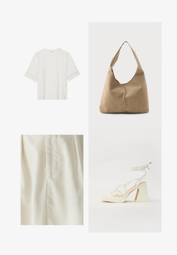Bela kratka majica s kratkimi rokavi iz bombaža, okrašena z dekorativnim čipkastim robom ob rokavih in okroglo izrezom.; WILLA MIMIE MIDI - Plisirano krilo - natural; Bela sandala na visokih petah s debelim petam, ki ima obliko trakcev in vezanje okoli gležnja. Gladka tekstura z platformo spredaj za dodatno višino.; Hobo torba iz mehkega bež nubuka z ohlapno obliko, širokim ramenskim trakom in ročno šivanim šivom po sprednji strani.