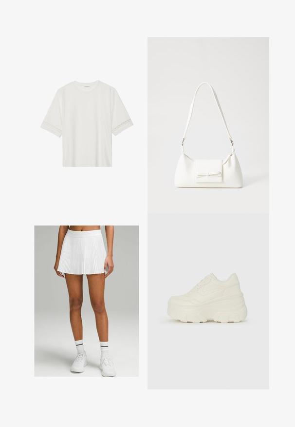Balta īsām piedurknēm T-kreklu, izgatavotu no kokvilnas, ar dekoratīvu mežģīņu apdari ap piedurknēm un apaļu kakla izgriezumu.; Baltā skladētā svārku ar platu jostas vietu, ar izplestu siluetu. Valkā ar baltām sporta apaviem un ribotām zeķēm ar melnām svītrām.; Baltie platformas sporta apavi, kas izgatavoti no gludas mākslīgās ādas, ar noapaļotu formu, mīkstu apkakli un teksturētu gumijas zoli ar izteiktiem rakstiem.; Balta sintētiska soma ar trīsstūrveida formu, plakanu priekšējo vāciņu un loku detaļu, regulējamu siksnu, gludu tekstūru un minimālistisku dizainu.