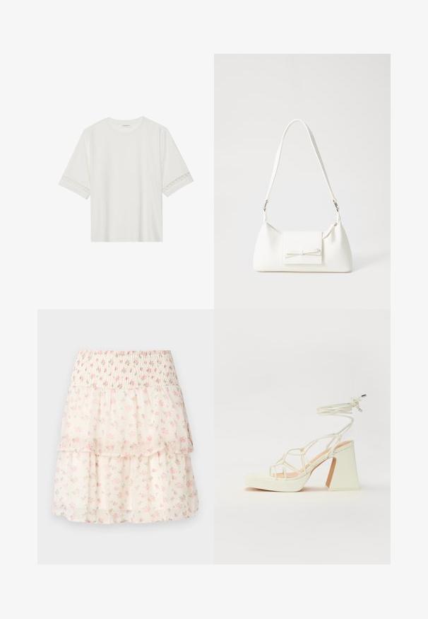 White short-sleeve t-shirt made from cotton, featuring decorative lace trim along the sleeves and a round neckline.; Floral layered skirt made of lightweight fabric. Features a smocked waistband, pink flowers, and a cream background with a soft, sheer texture.; White high-heeled sandal with a chunky heel, featuring a strappy design and ankle tie. Smooth texture with a platform front for added height.; White synthetic handbag with a triangular shape, flat front flap and bow detail, adjustable strap, smooth texture, and minimalistic design.