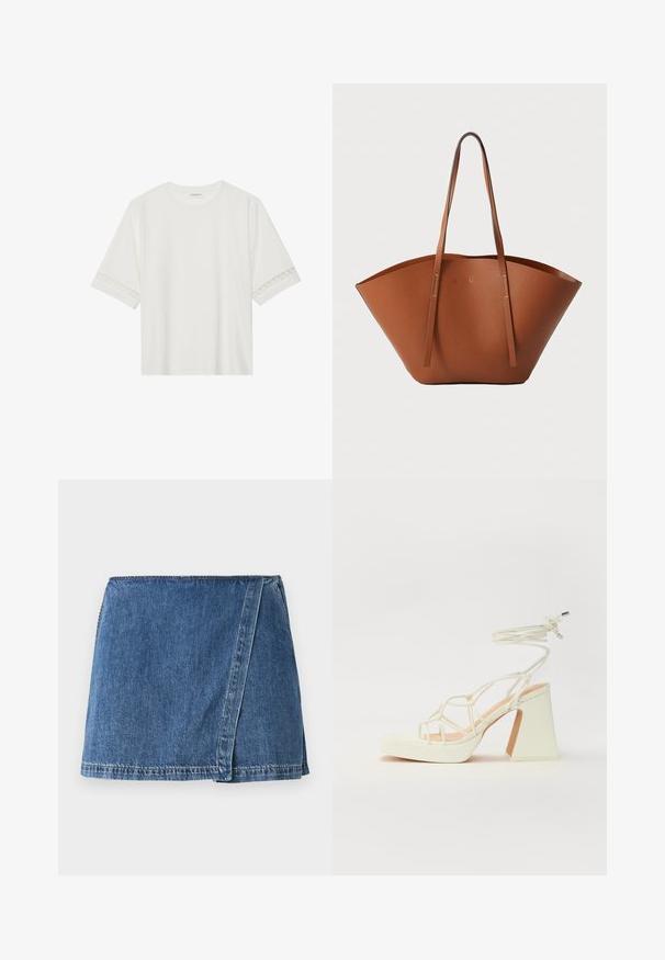 Biele tričko s krátkym rukávom vyrobené z bavlny, s dekoratívnym čipkovým lemovaním pozdĺž rukávov a okrúhlym výstrihom.; Džínová sukňa strednej modrej farby s obopínacím dizajnom, ktorý má viditeľné švy a rovný okraj.; Biele sandále na vysokom opätku s hrubým podpätkom, s pruhovaným dizajnom a viazaním na členku. Hladký povrch s platformou vpredu pre zvýšenú výšku.; Hnedá kožená taška na rameno s širokým, štruktúrovaným tvarom, tenkými popruhmi a textúrovaným povrchom. Displej minimalistického dizajnu bez viditeľného hardvéru.