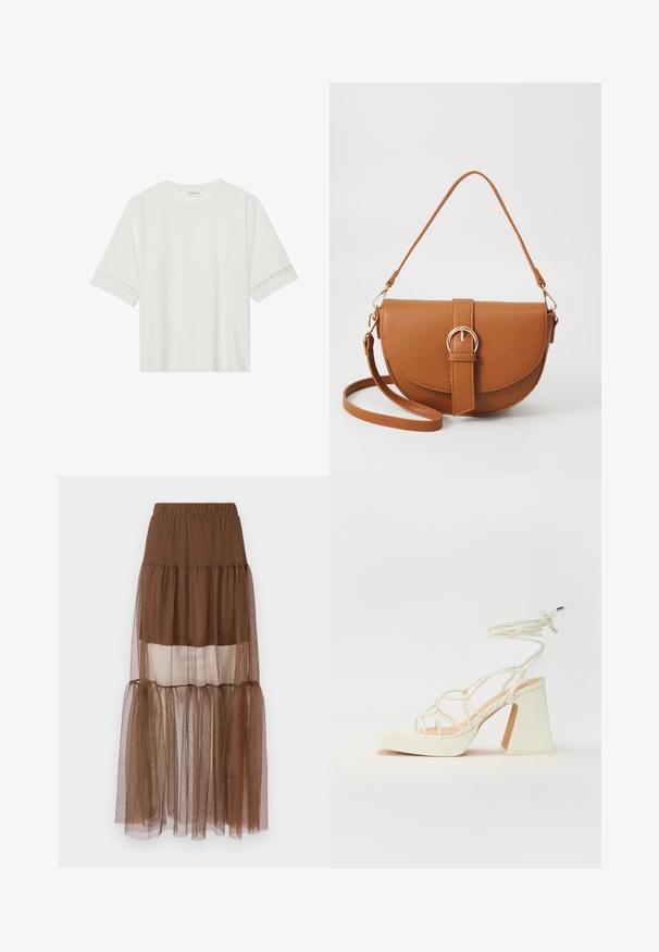 Hvit t-skjorte med kort erme laget av bomull, med dekorativ blondekant langs ermene og en rund halslinning.; Brun tieret skjørt med elastisk midje, som har en blanding av uigennomsiktig og gjennomsiktig stofflag, som skaper et mykt, teksturert utseende.; Hvit høyhælte sandal med kraftig hæl, med en stroppe-design og ankelbånd. Glatt tekstur med plattform foran for ekstra høyde.; Brun lærcrossbody-veske med en buet form, gullhardware og et spenneakcent. Har en avtakbar skulderreim.